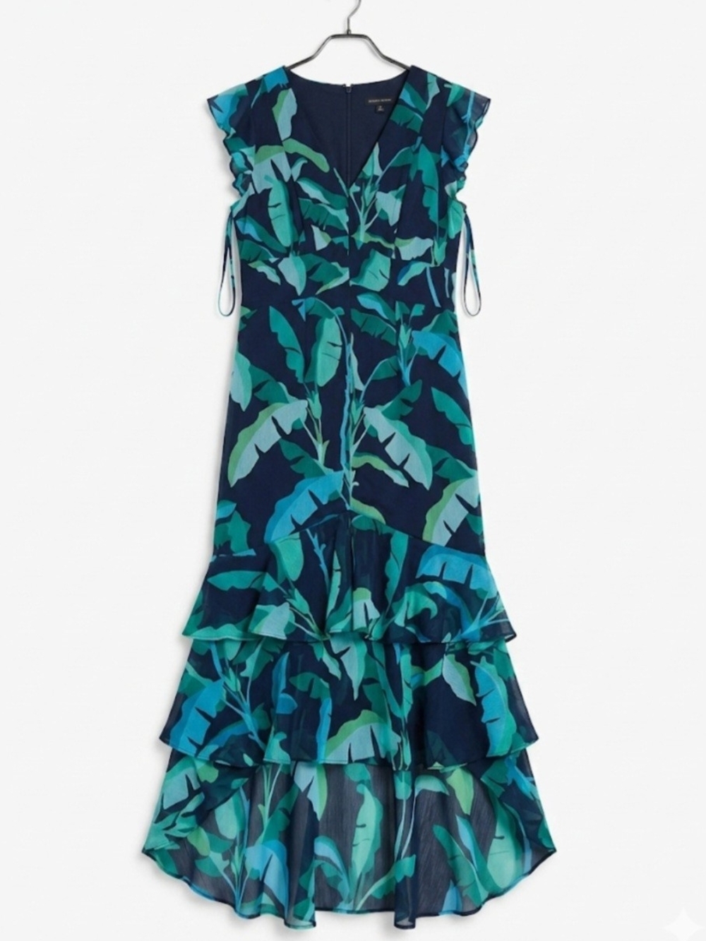 Tommy Hilfiger Navy & Teal Tropical Leaf Ruffle Maxi Dress